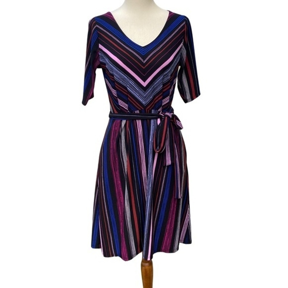 Black Multi Colored Striped Belted V-Neck Dress Size X Small Retro